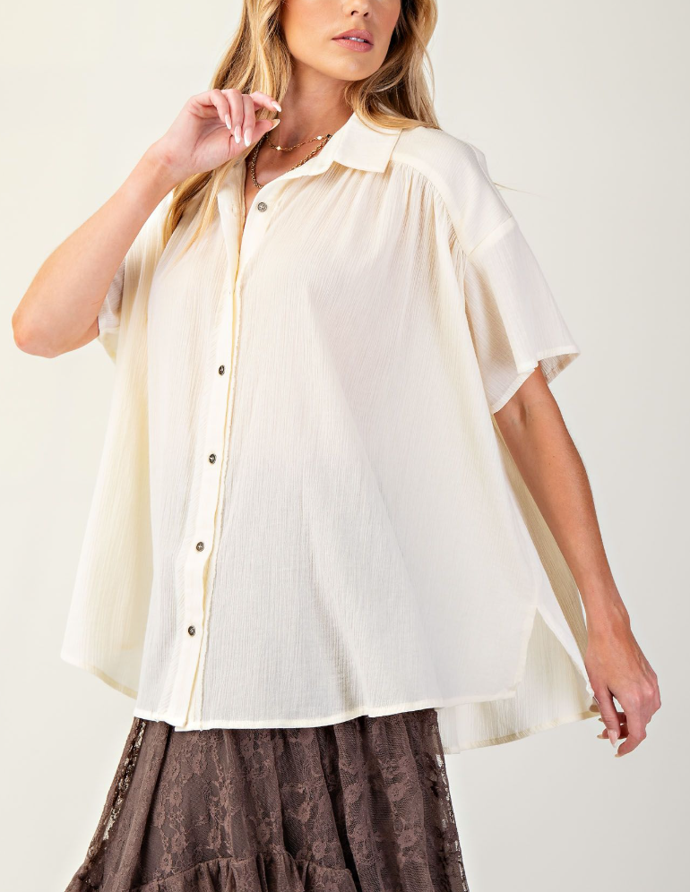 Easel - Flowy Oversized Gauzy Button Top