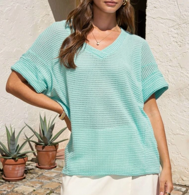 Andree by Unit - V Neck Waffle Short Sleeve Top
