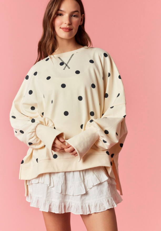 Peach Love - Light Yellow Polka Dot Print French Terry Oversized Sweatshirt