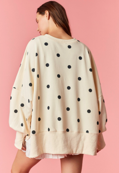 Peach Love - Light Yellow Polka Dot Print French Terry Oversized Sweatshirt