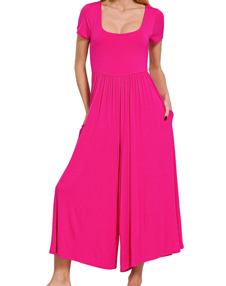 Zenana - Bouncy Comfy Short Sleeve Capri Jumpsuit