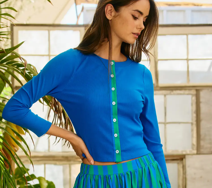 Bucketlist - Contrast-Trim Button-Down Ribbed Top