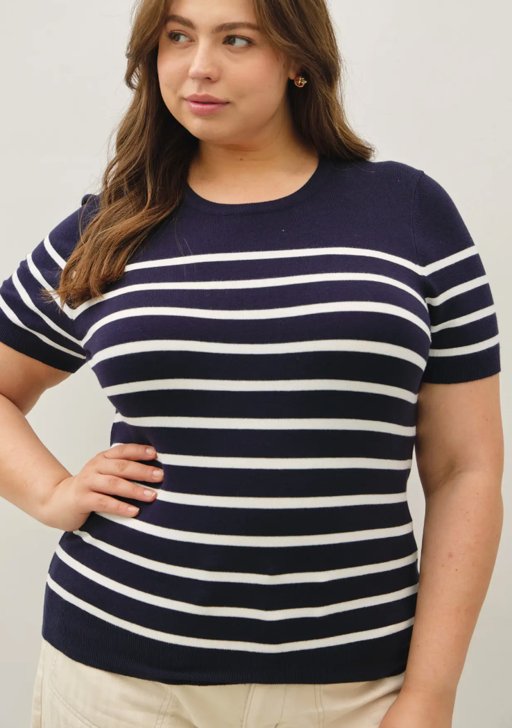 Be Cool - Navy and White Striped Shortsleeve Sweater Top