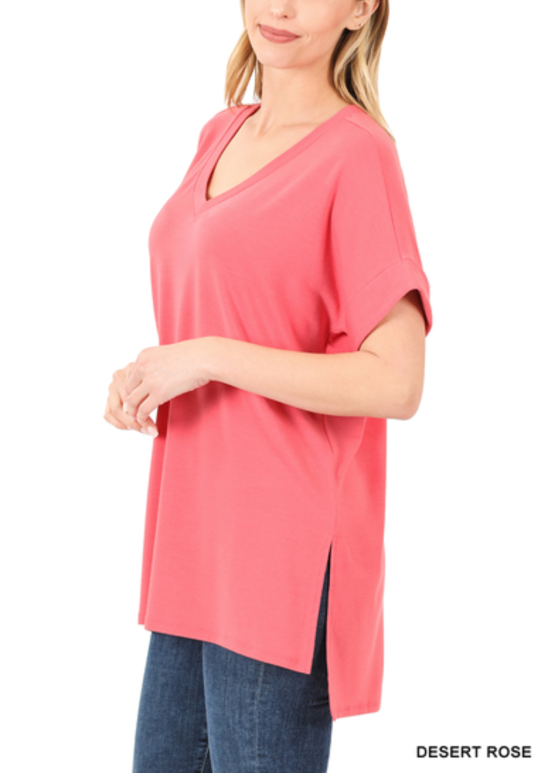 Zenana - Rolled Short Sleeve Side Slit Hi-Low Hem Top