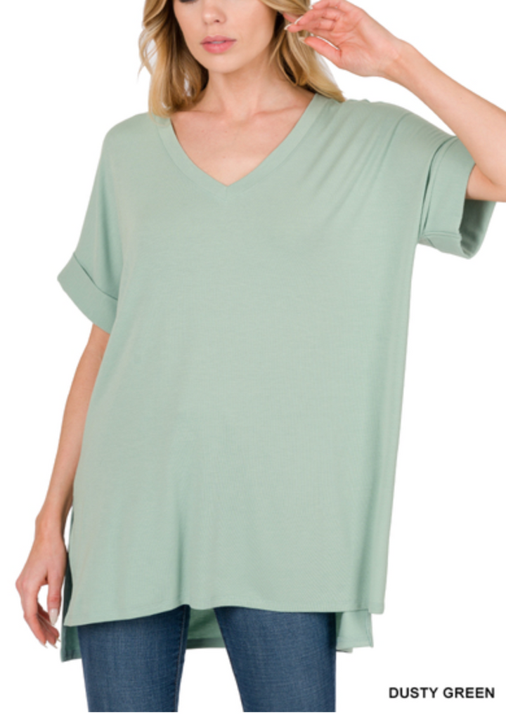 Zenana - Rolled Short Sleeve Side Slit Hi-Low Hem Top
