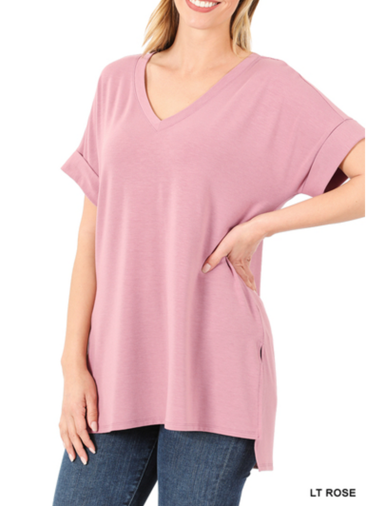 Zenana - Rolled Short Sleeve Side Slit Hi-Low Hem Top