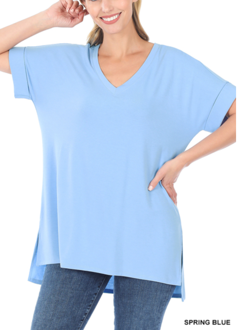 Zenana - Rolled Short Sleeve Side Slit Hi-Low Hem Top