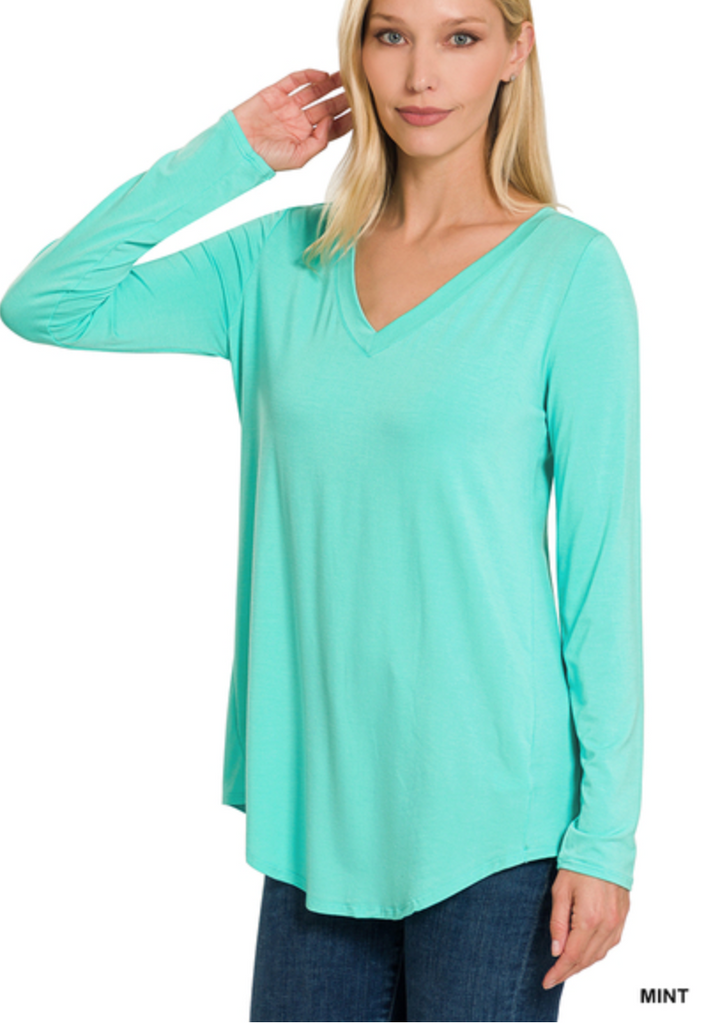 Zenana - LUXE RAYON LONG SLEEVE V-NECK DOLPHIN HEM TOP