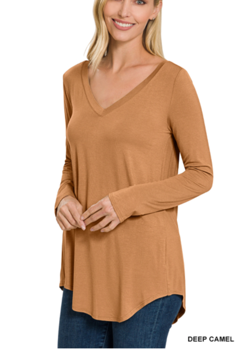 Zenana - LUXE RAYON LONG SLEEVE V-NECK DOLPHIN HEM TOP