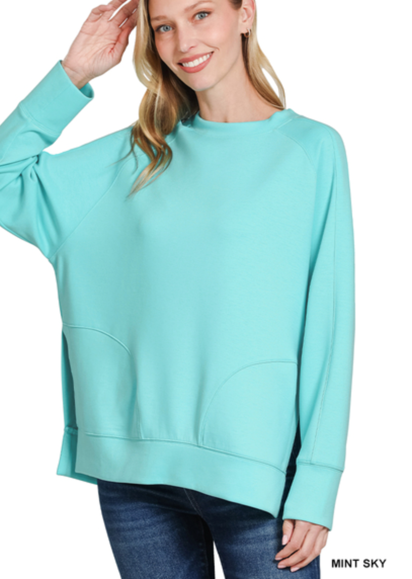Zenana - Scuba round neck pullover with side slits