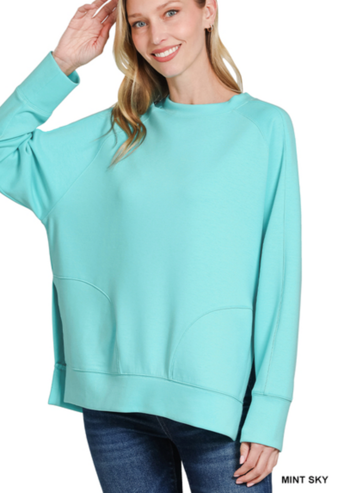 Zenana - Scuba round neck pullover with side slits
