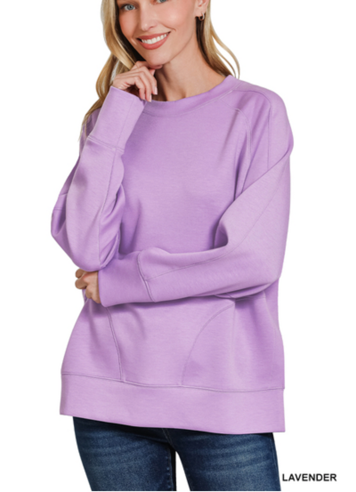 Zenana - Scuba round neck pullover with side slits