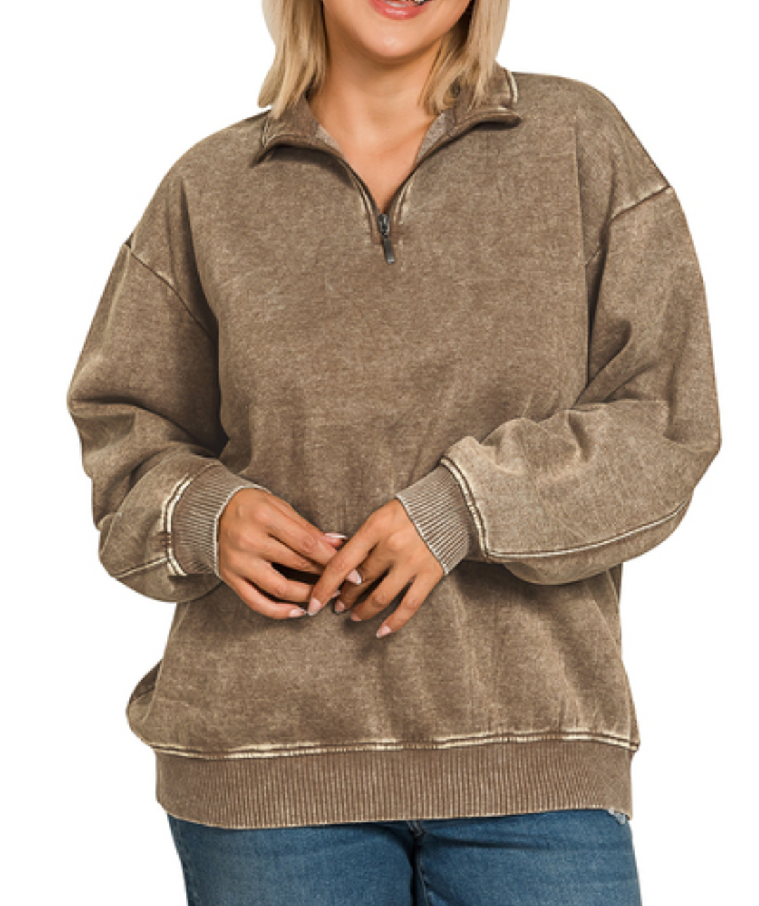 Zenana - Acid Wash Half Zip Top
