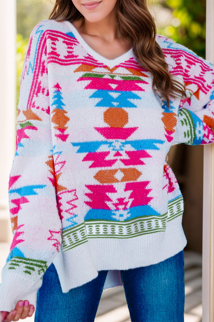 The Bouncing Doodle Geometric V-Neck Long Sleeve Sweater