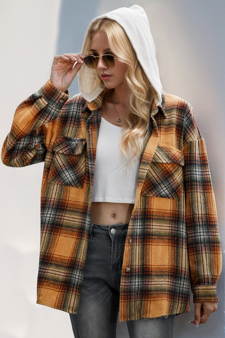 The Bouncing Doodle Drawstring Plaid Long Sleeve Hooded Shacket