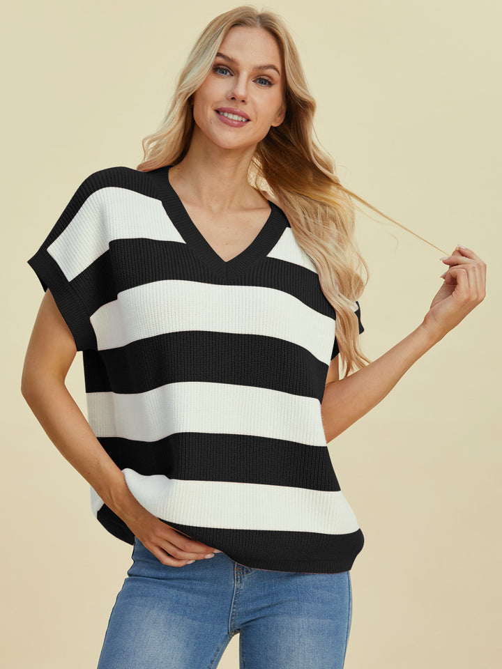 The Bouncing Doodle Striped V-Neck Short Sleeve Sweater
