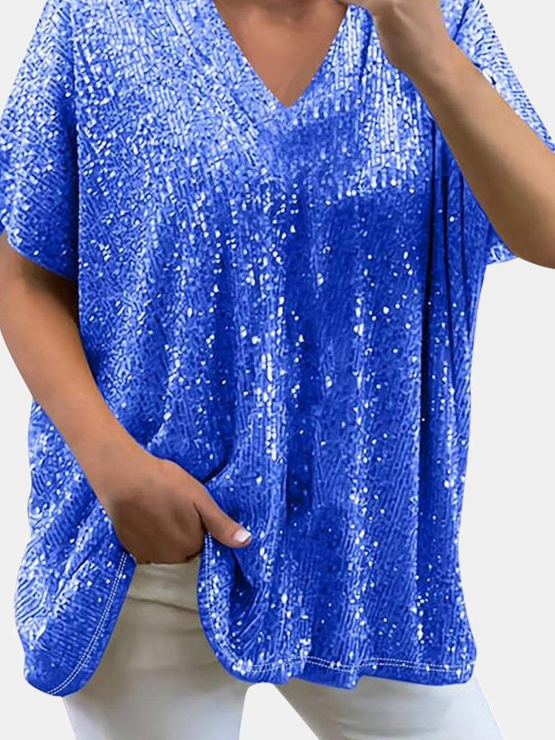 Bouncing Doodle Sequin V-Neck Short Sleeve Top