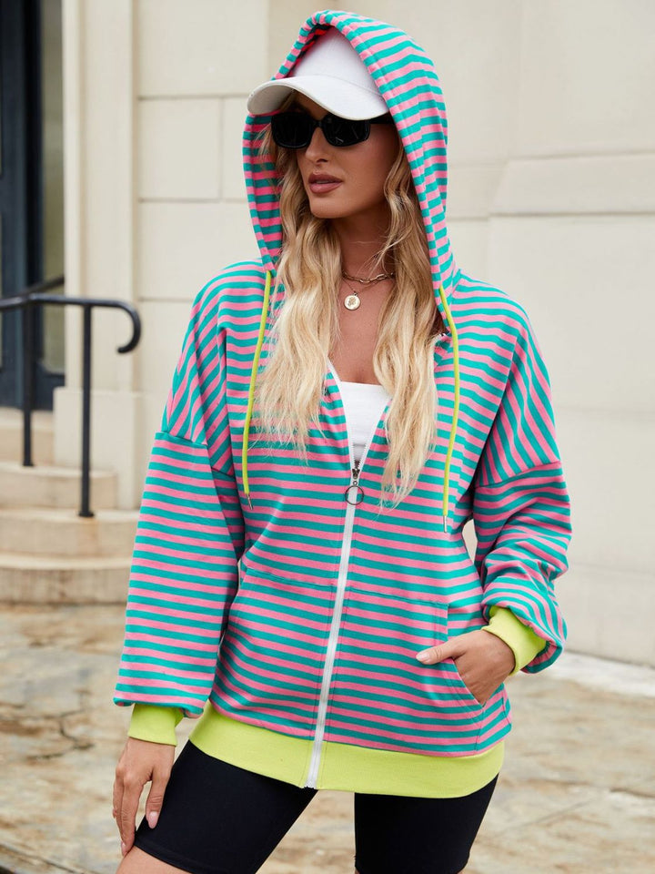 The Bouncing Doodle Drawstring Striped Zip Up Long Sleeve Hoodie