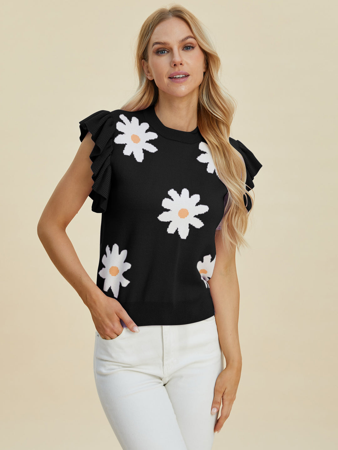 The Bouncing Doodle Ruffled Flower Round Neck Cap Sleeve Sweater