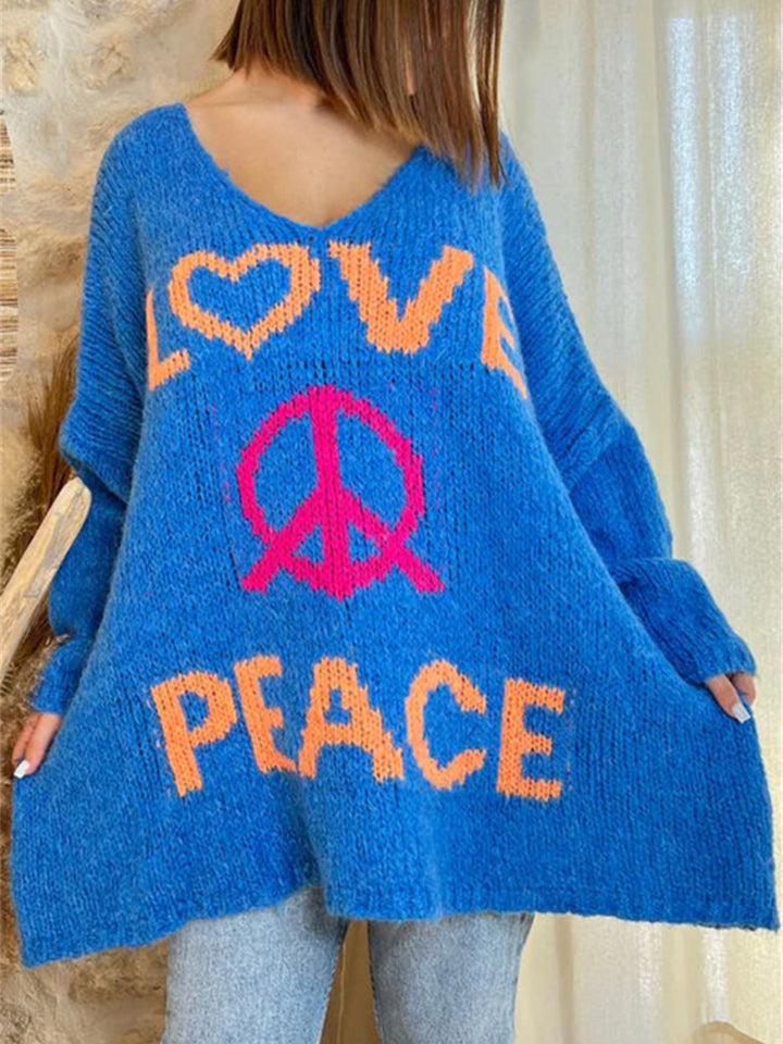 Bouncing Doodle Peace Graphic V-Neck Long Sleeve Sweater