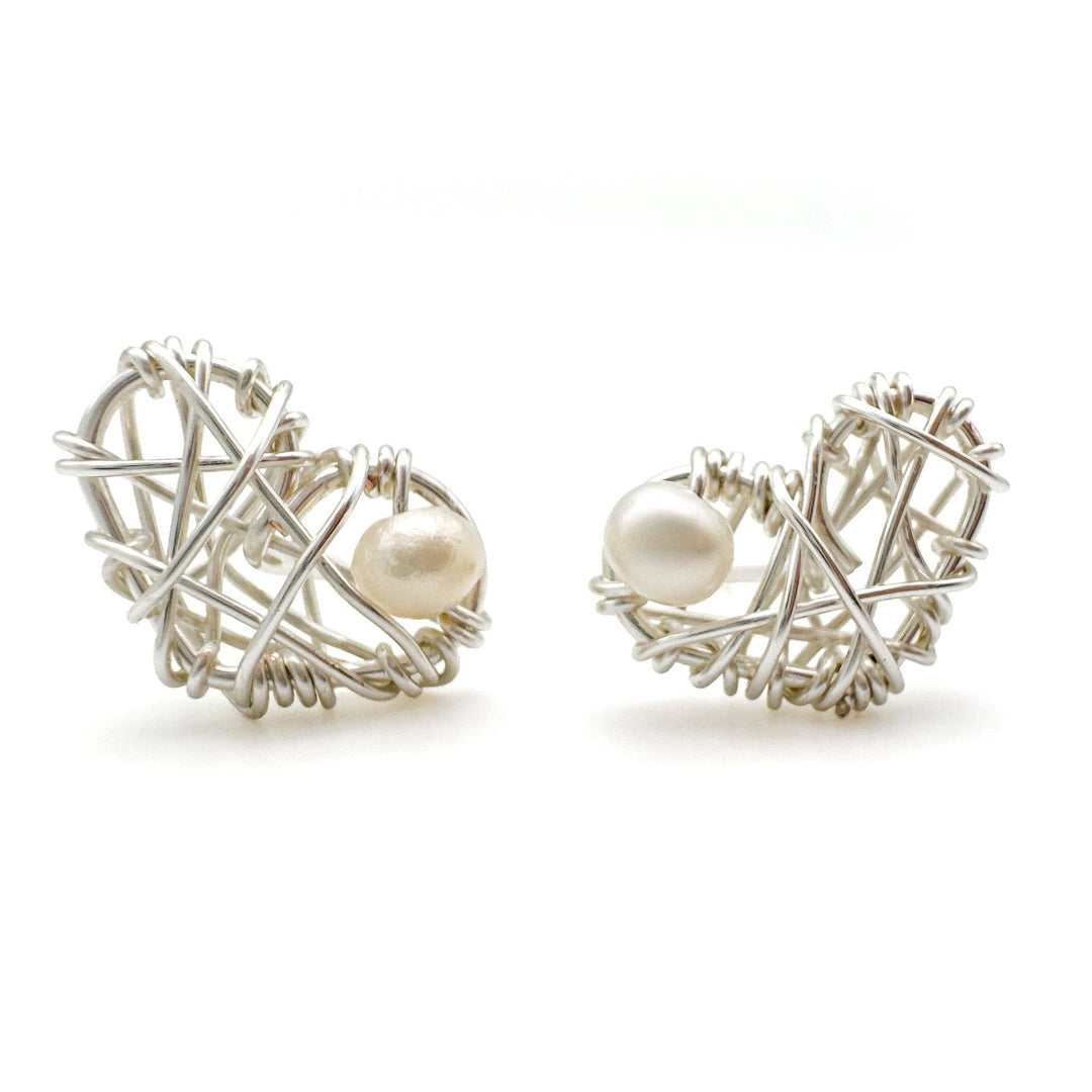 Dear Heart silver wire and pearl stud earrings