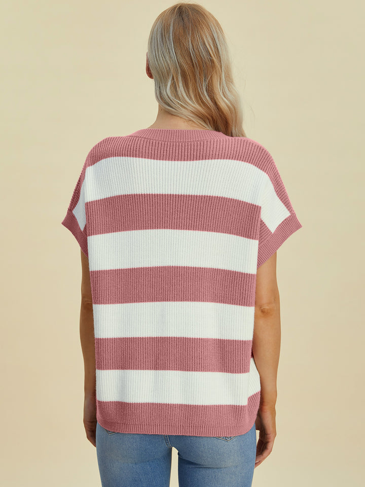 The Bouncing Doodle Striped V-Neck Short Sleeve Sweater