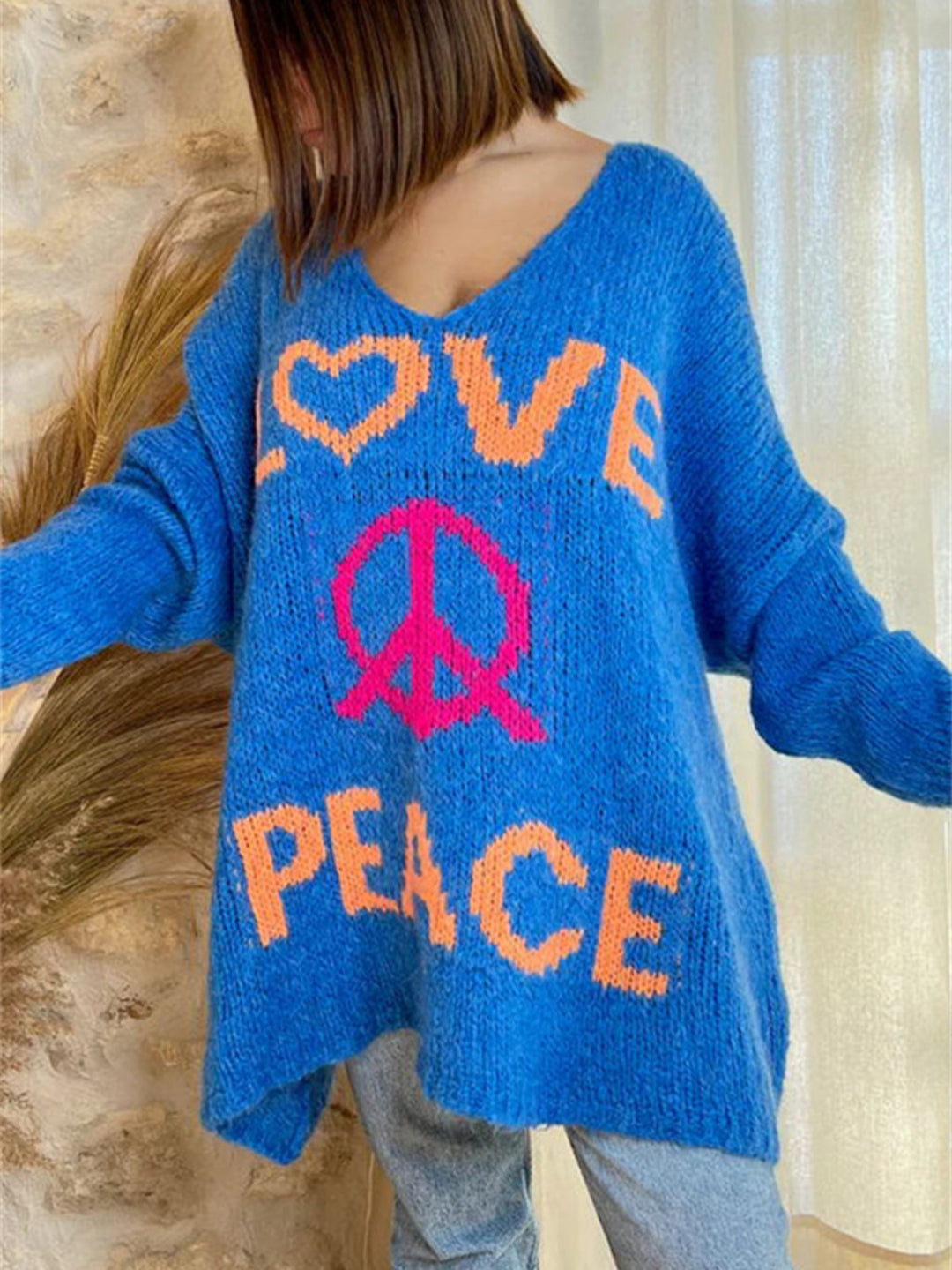Bouncing Doodle Peace Graphic V-Neck Long Sleeve Sweater