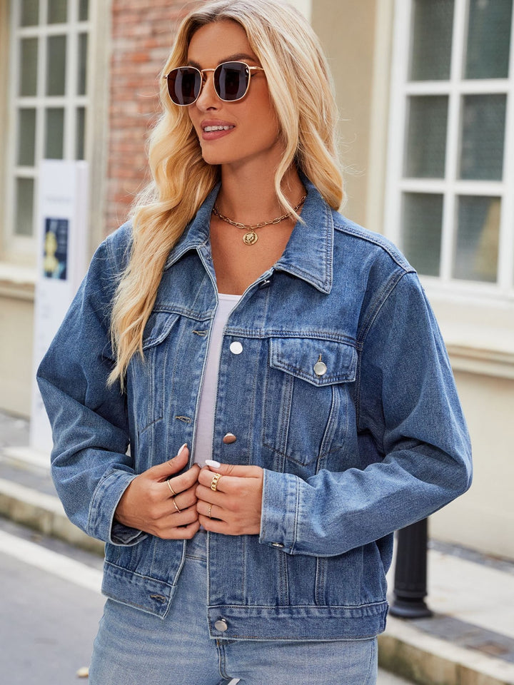 Bouncing Doodle Pocketed Collared Neck Denim Jacket