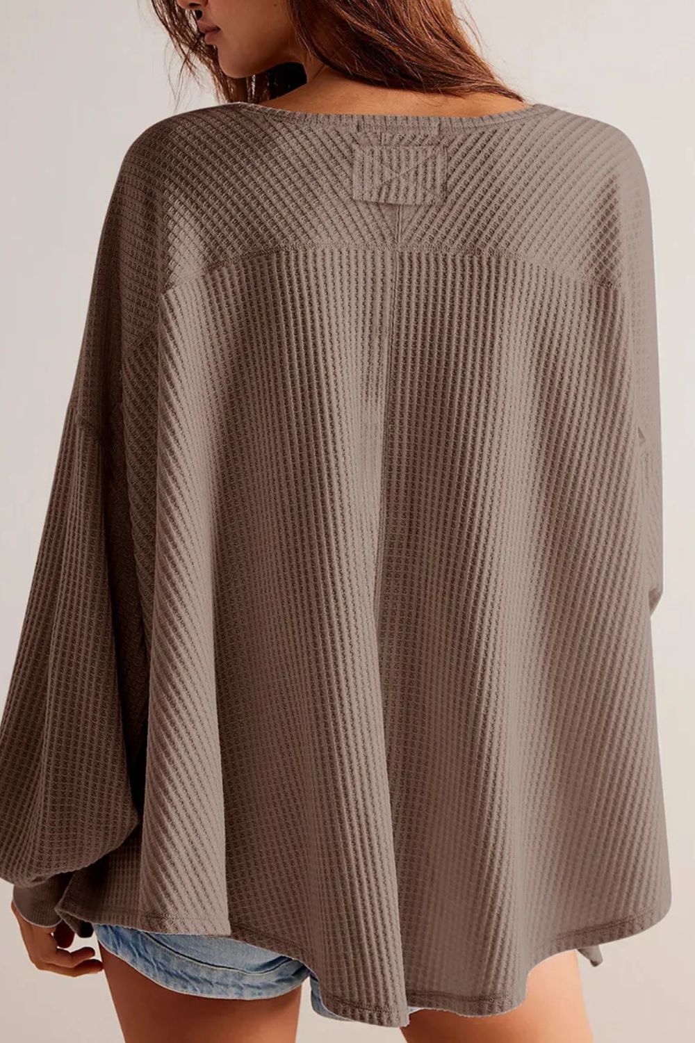 The Bouncing Doodle Waffle-Knit V-Neck Long Sleeve Top