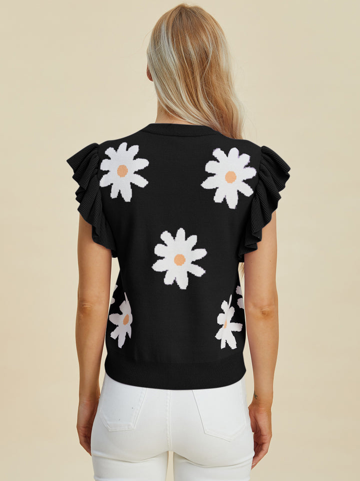 The Bouncing Doodle Ruffled Flower Round Neck Cap Sleeve Sweater