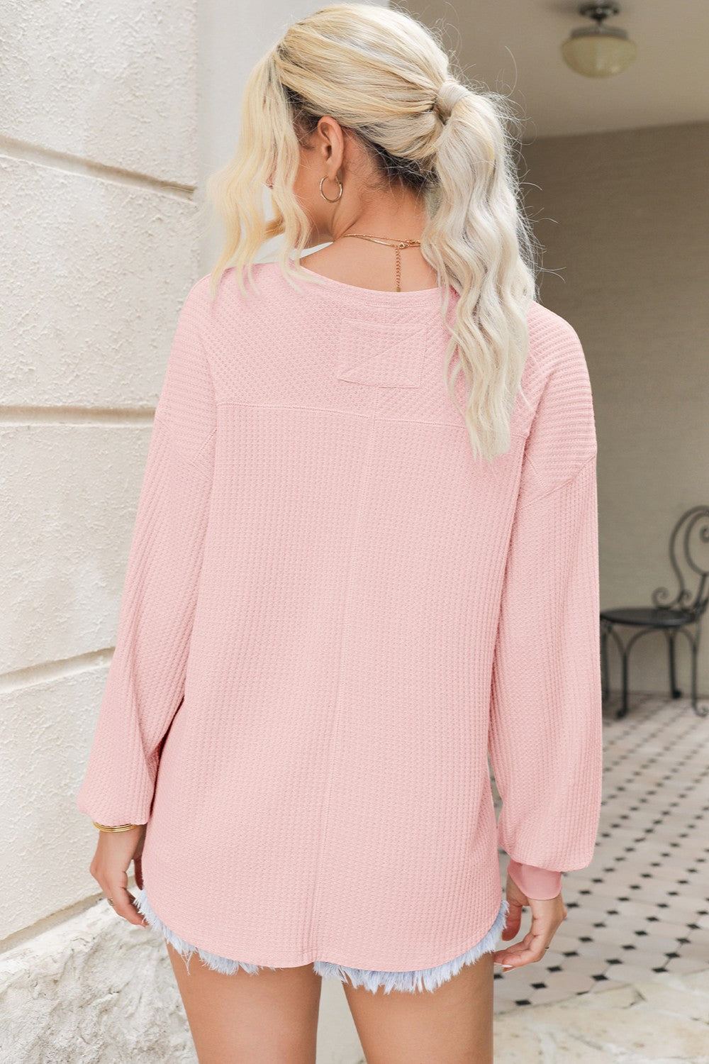The Bouncing Doodle Waffle-Knit V-Neck Long Sleeve Top