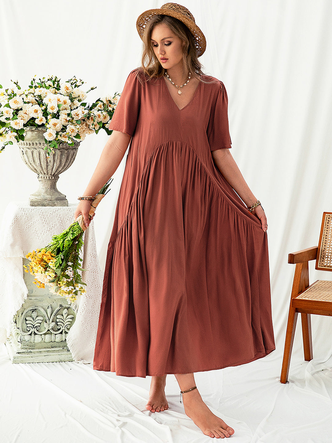 Bouncing Doodle V-Neck Flutter Sleeve Midi Dress