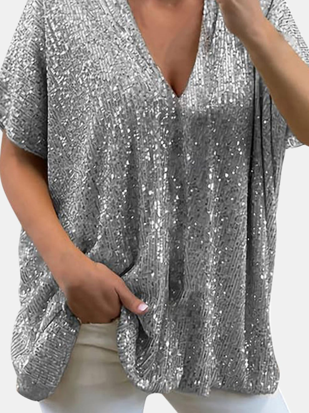 Bouncing Doodle Sequin V-Neck Short Sleeve Top