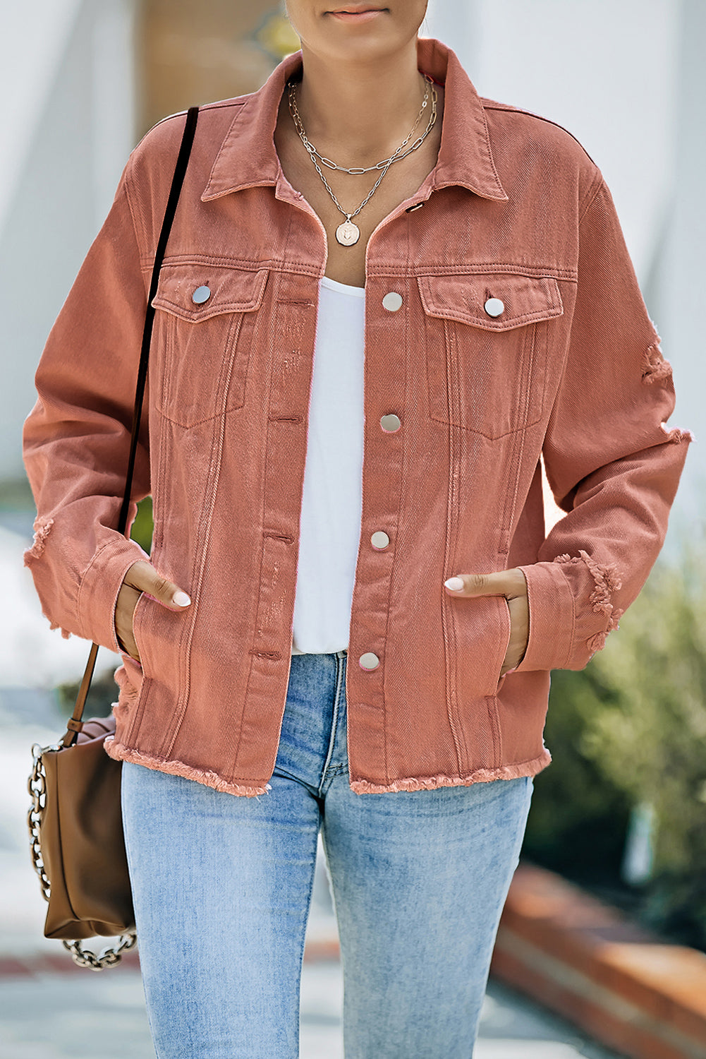 Bouncing Doodle Distressed Raw Hem Denim Jacket