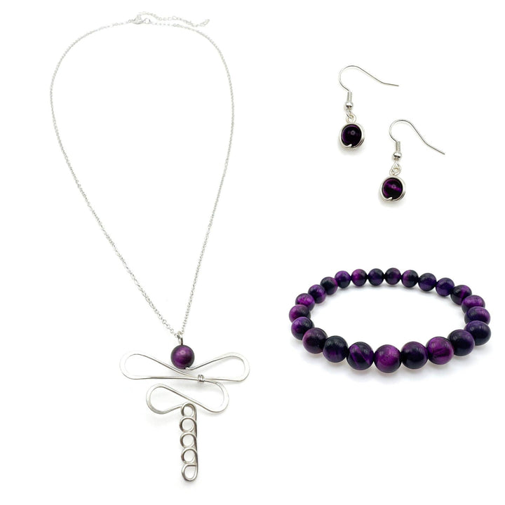 Damsel silver dragonfly and purple tigers eye necklace