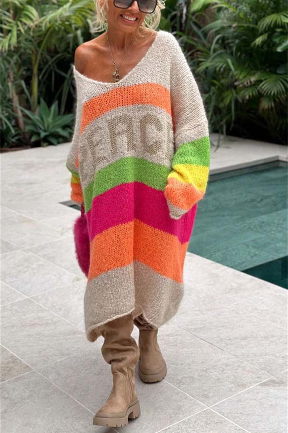 Bouncing Doodle Color Block V-Neck Long Sleeve Sweater Dress