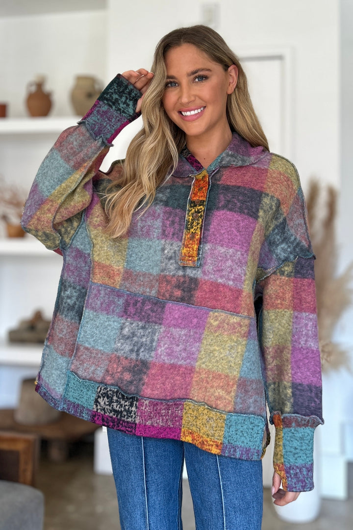 The Bouncing Doodle Plaid Dropped Shoulder Hoodie
