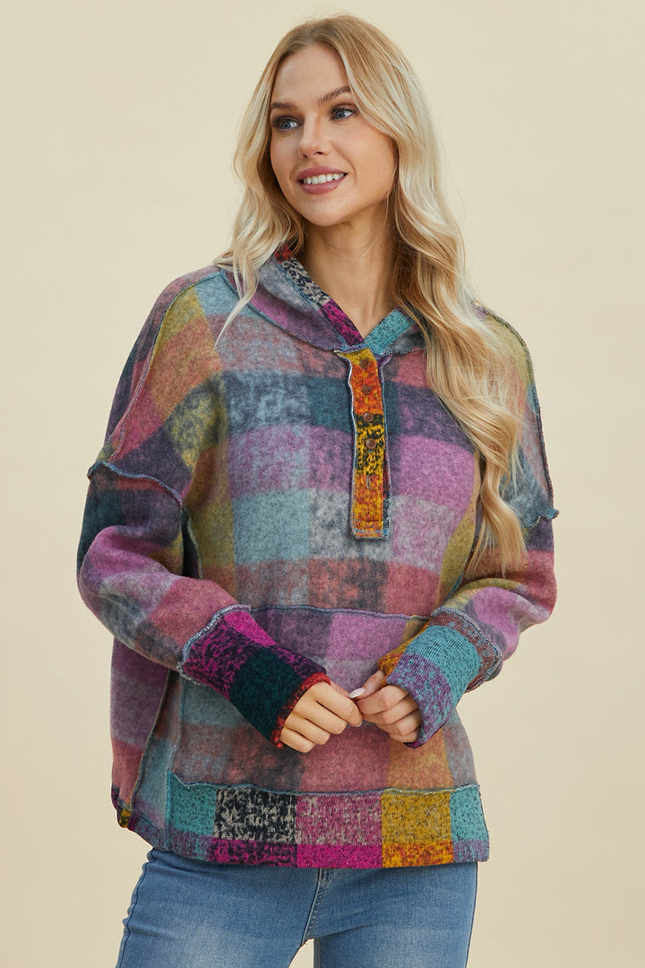 The Bouncing Doodle Plaid Dropped Shoulder Hoodie