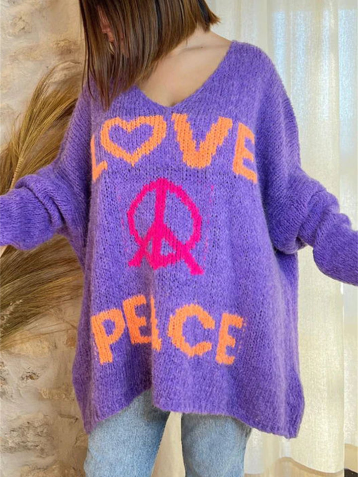 Bouncing Doodle Peace Graphic V-Neck Long Sleeve Sweater