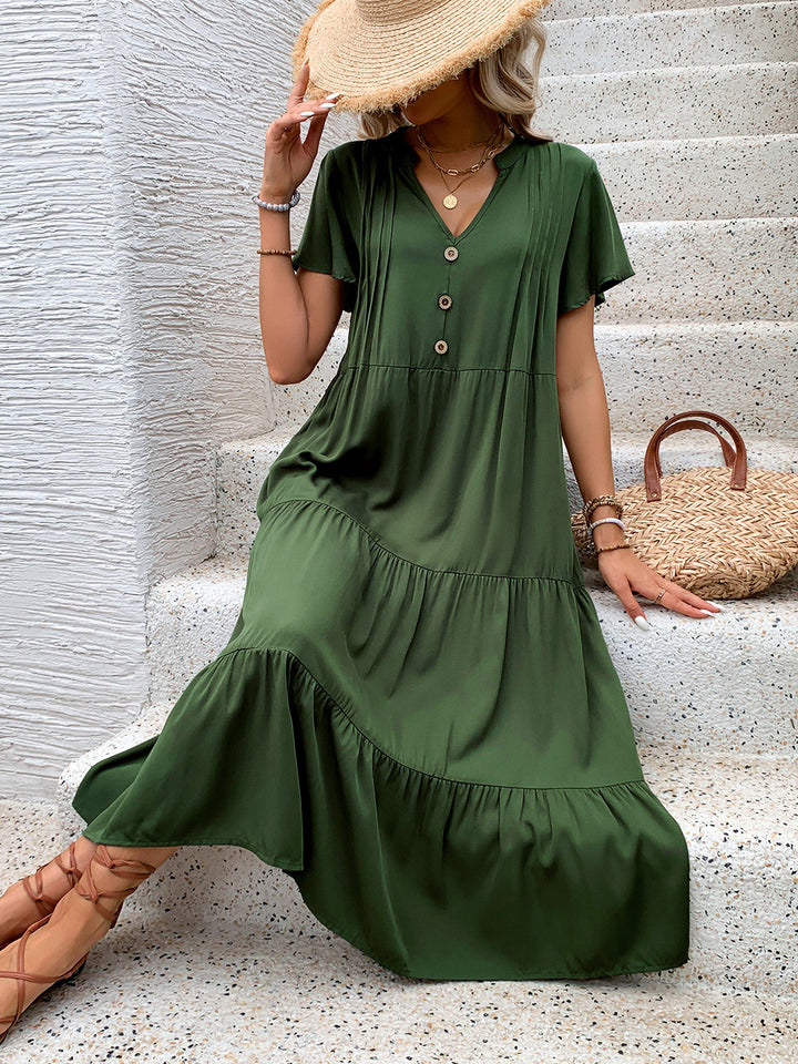 Bouncing Doodle Tiered Notched Short Sleeve Midi Dress