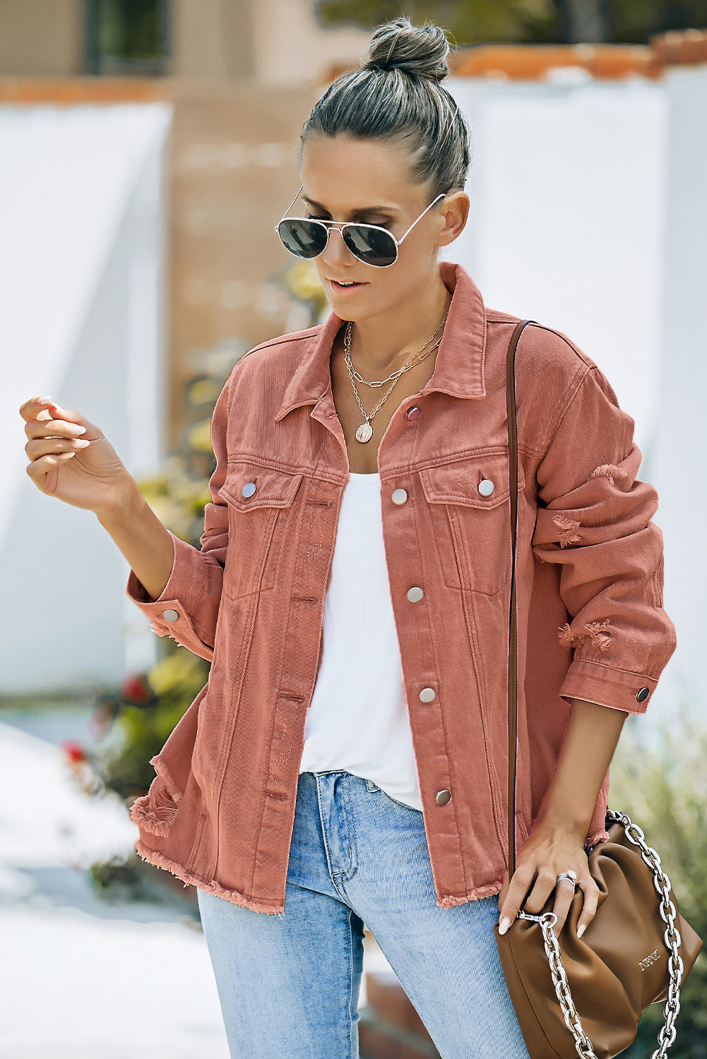 Bouncing Doodle Distressed Raw Hem Denim Jacket