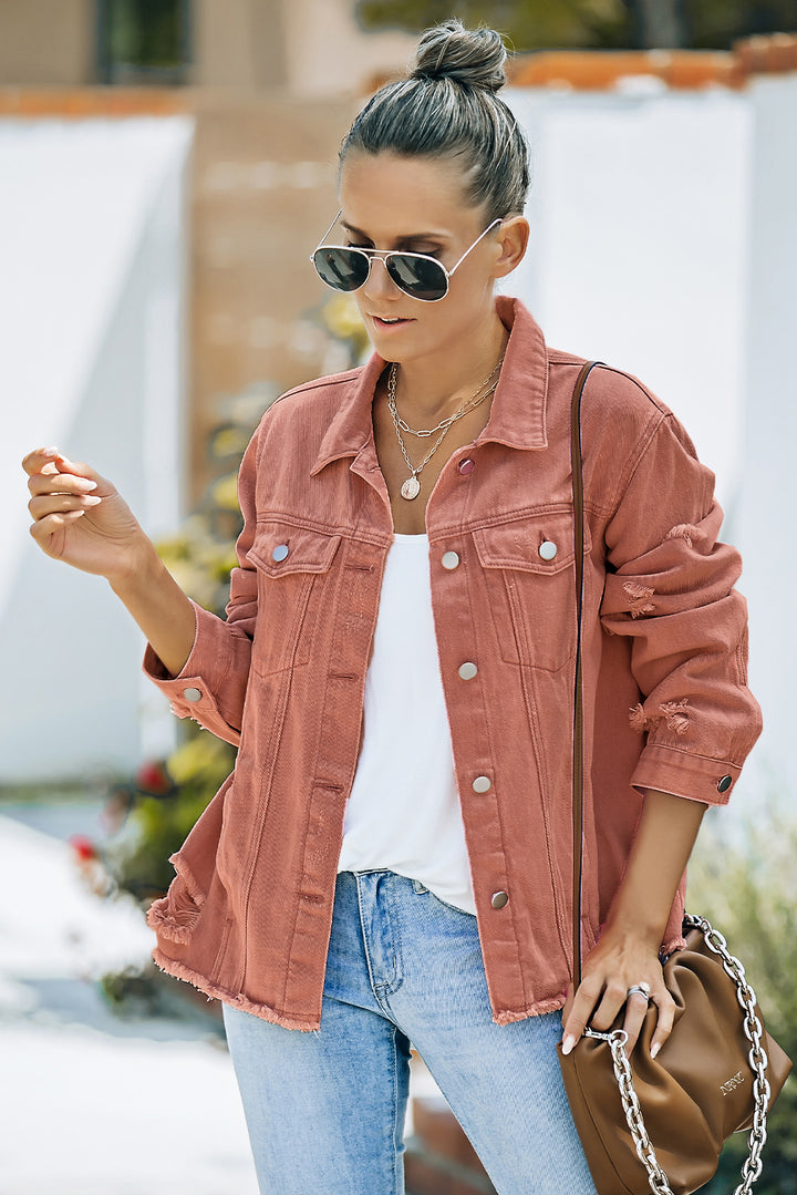 Bouncing Doodle Distressed Raw Hem Denim Jacket