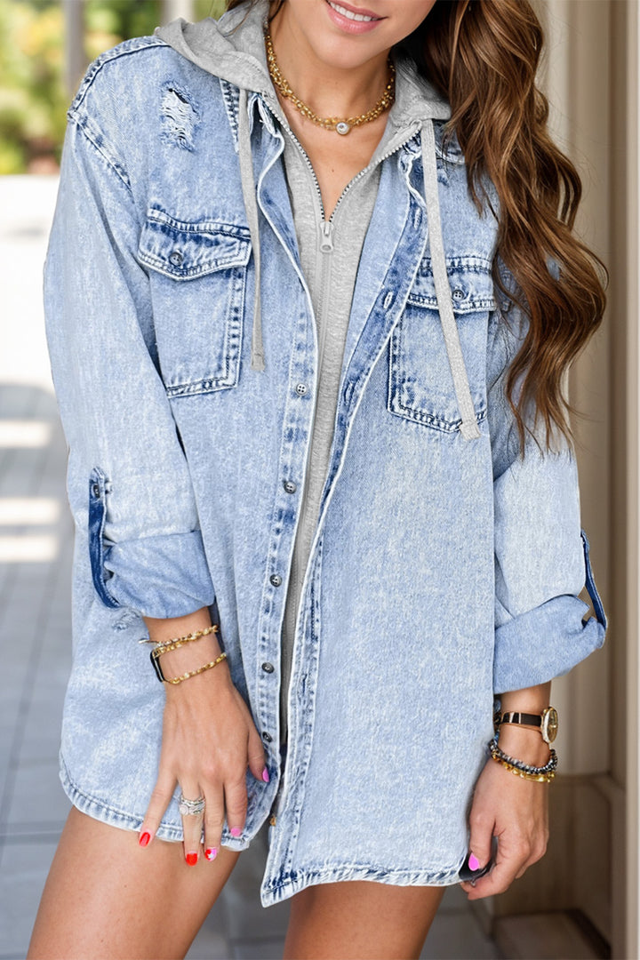 Bouncing Doodle Distressed Button Up Long Sleeve Denim Jacket