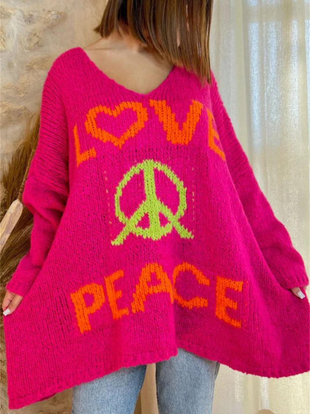 Bouncing Doodle Peace Graphic V-Neck Long Sleeve Sweater