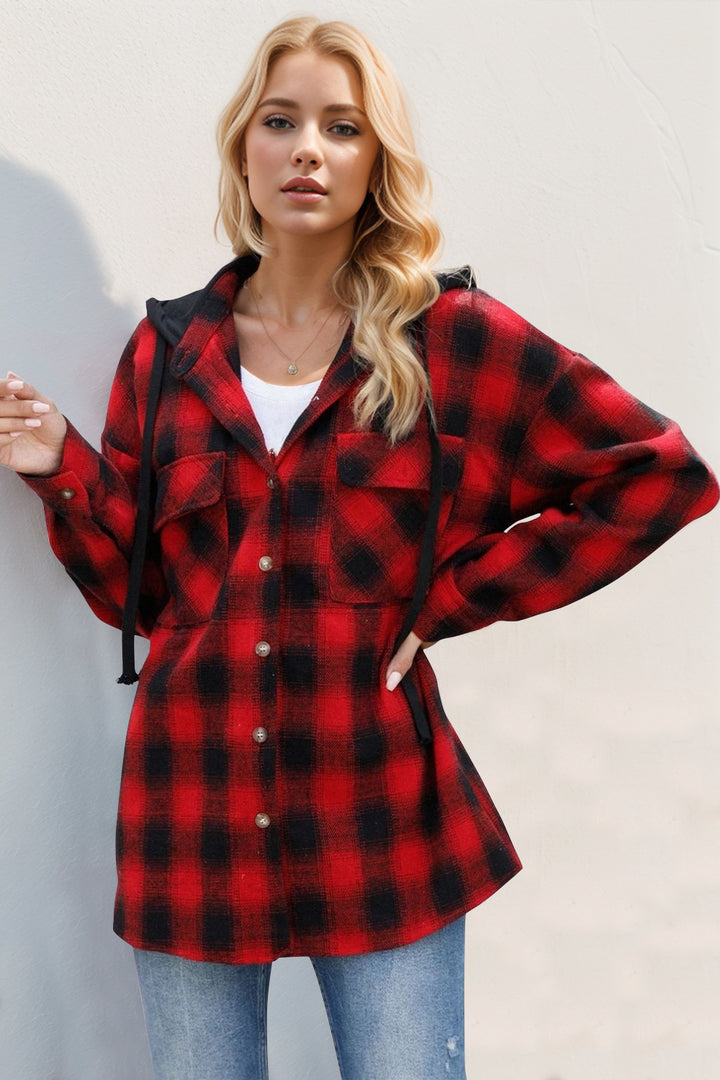The Bouncing Doodle Drawstring Plaid Long Sleeve Hooded Shacket