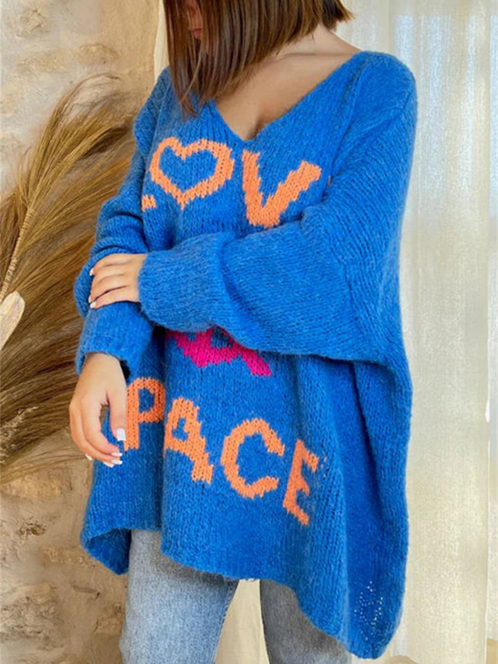 Bouncing Doodle Peace Graphic V-Neck Long Sleeve Sweater