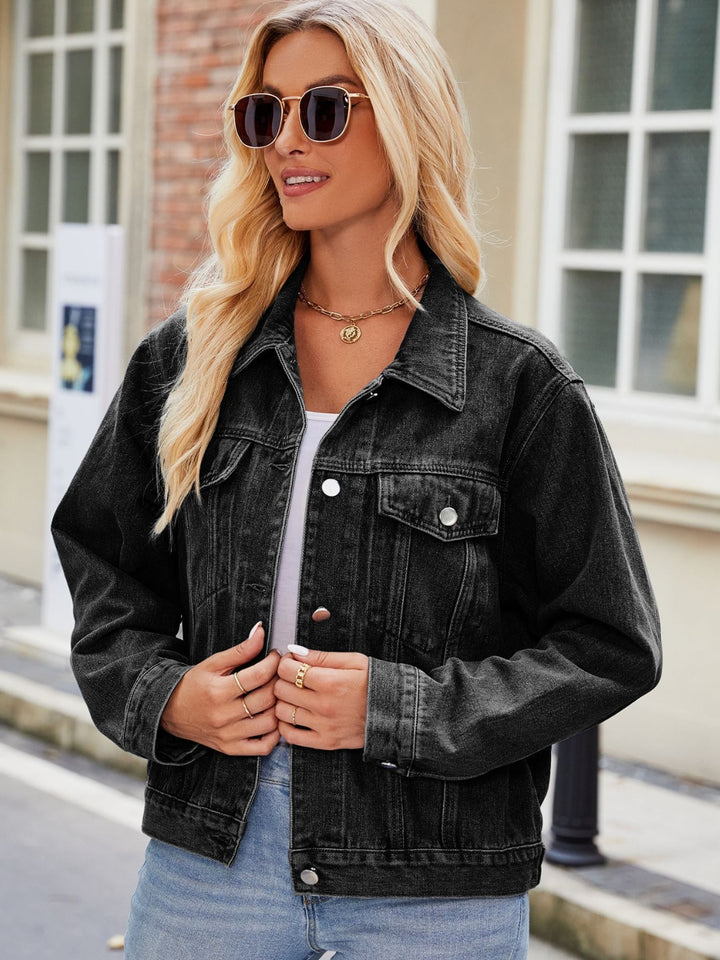 Bouncing Doodle Pocketed Collared Neck Denim Jacket