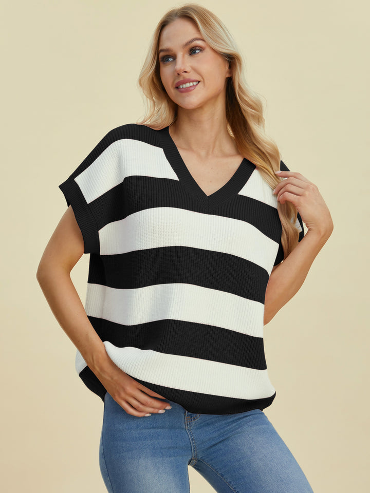 The Bouncing Doodle Striped V-Neck Short Sleeve Sweater
