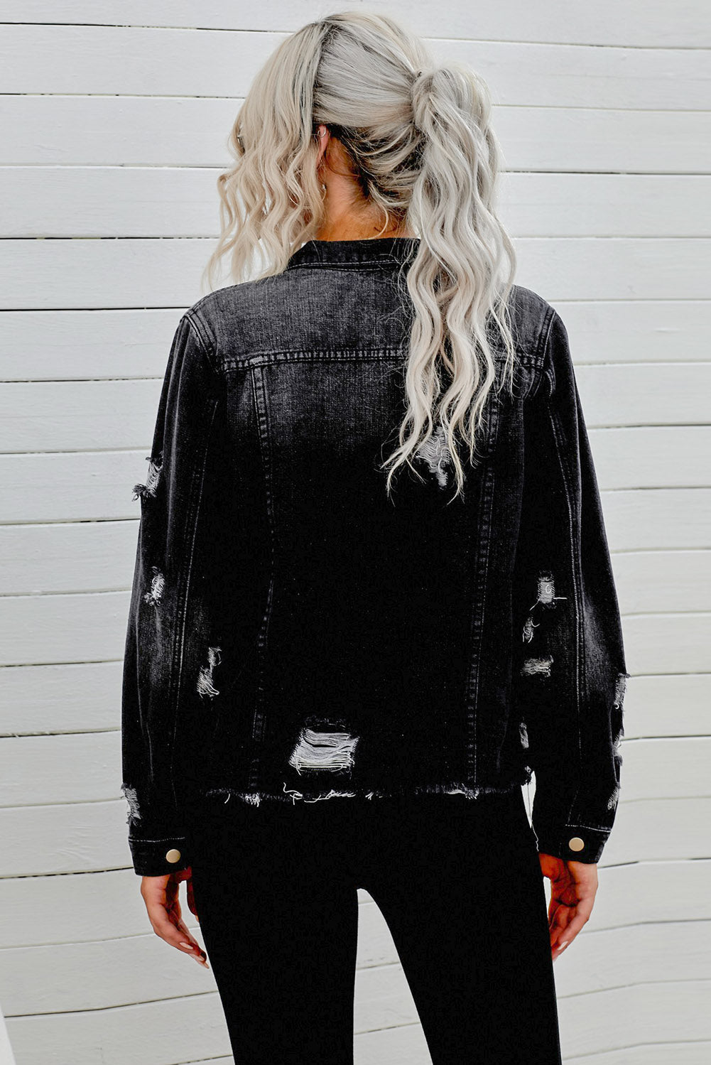 Bouncing Doodle Distressed Raw Hem Denim Jacket