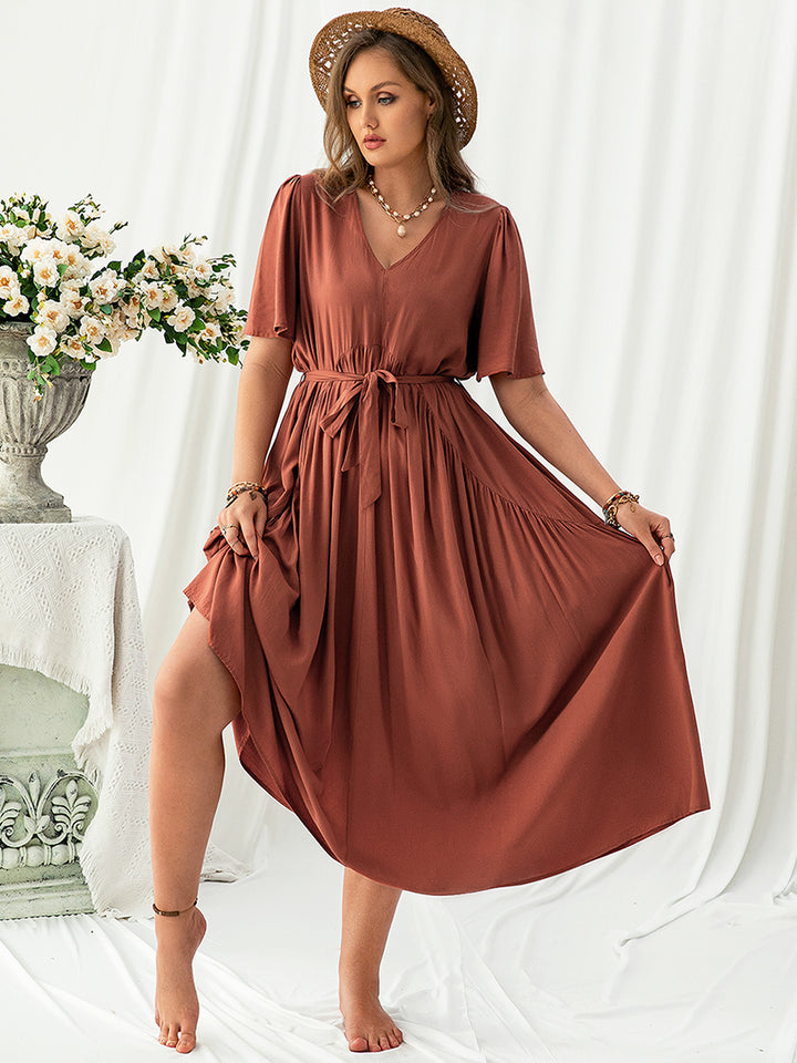 Bouncing Doodle V-Neck Flutter Sleeve Midi Dress